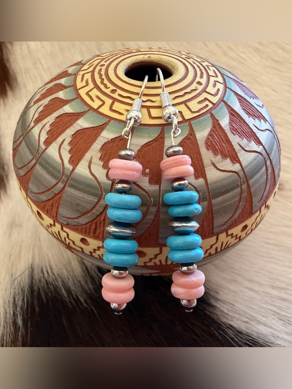 ❤️ Queen Pink Conch & Turquoise w Desert Pearls & Saucers Sterling 925 Earrings